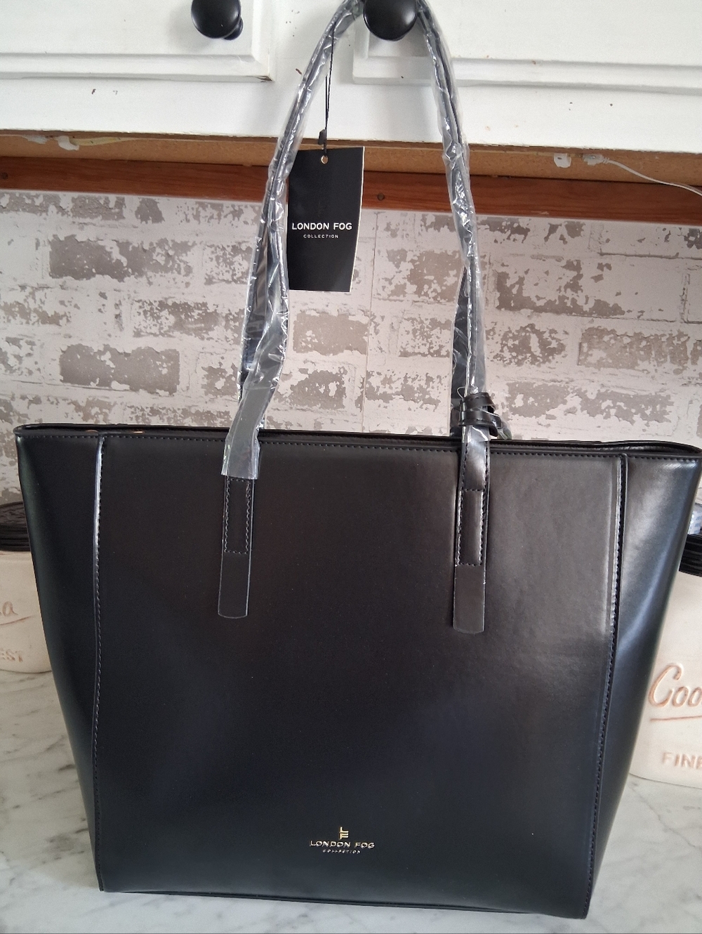 Nwts London Fog Black Faux Leather Shopper Tote